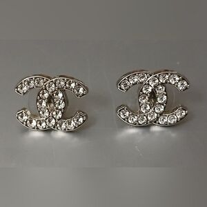 CHANEL Silver Tone Crystal Earrings Vintage 1990's Style